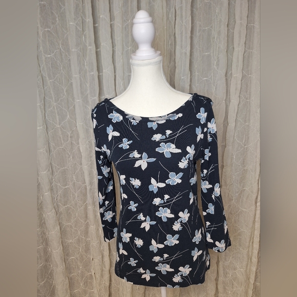 Lands' End Tops - Lands' End Navy White Floral 3/4 Lengh Cotton Top